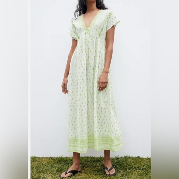 ZARA Embroidered Rustic Tunic Midi Dress Beach Cover Up White/Green Sz M - Picture 2 of 14